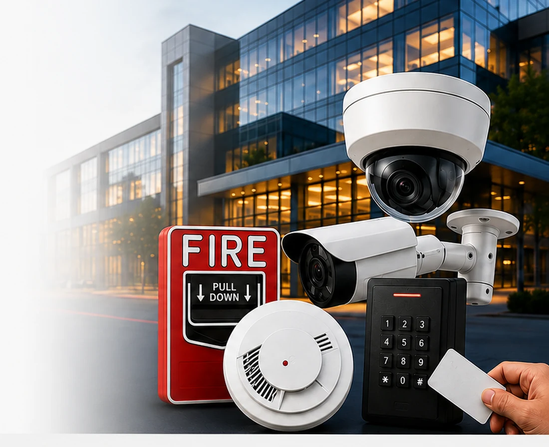 Security cameras, fire alarm pull station, smoke detector, and access control reader